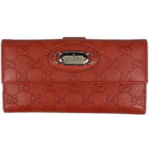 Gucci Logo Plate Long Wallet Billfold Coin Purse Trifold Shima Leather Red